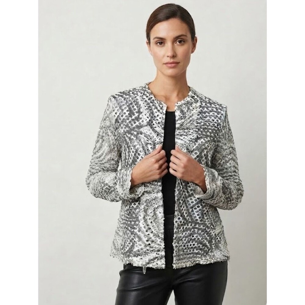 Frank Lyman Design Gray & White Open Net Blouse Cardigan Swim Coverup Sz 12 Chic
